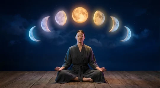 Person meditating under different moon phases showing emotional transformation