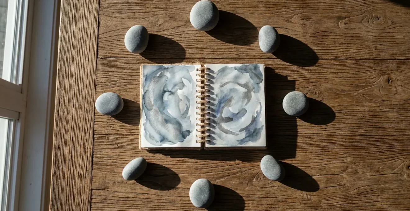 A spiral journal surrounded by moon phases showing different emotional states