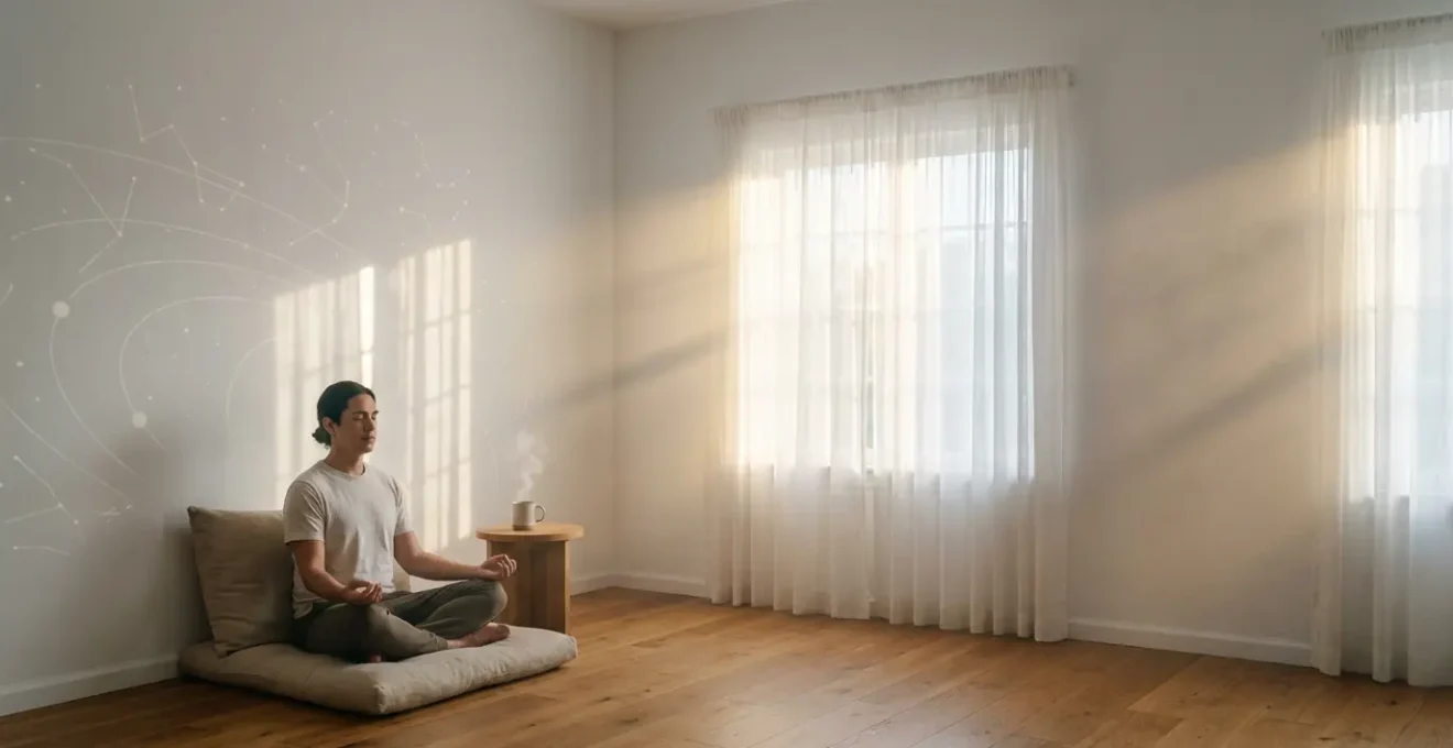 Person meditating with celestial elements in soft morning light
