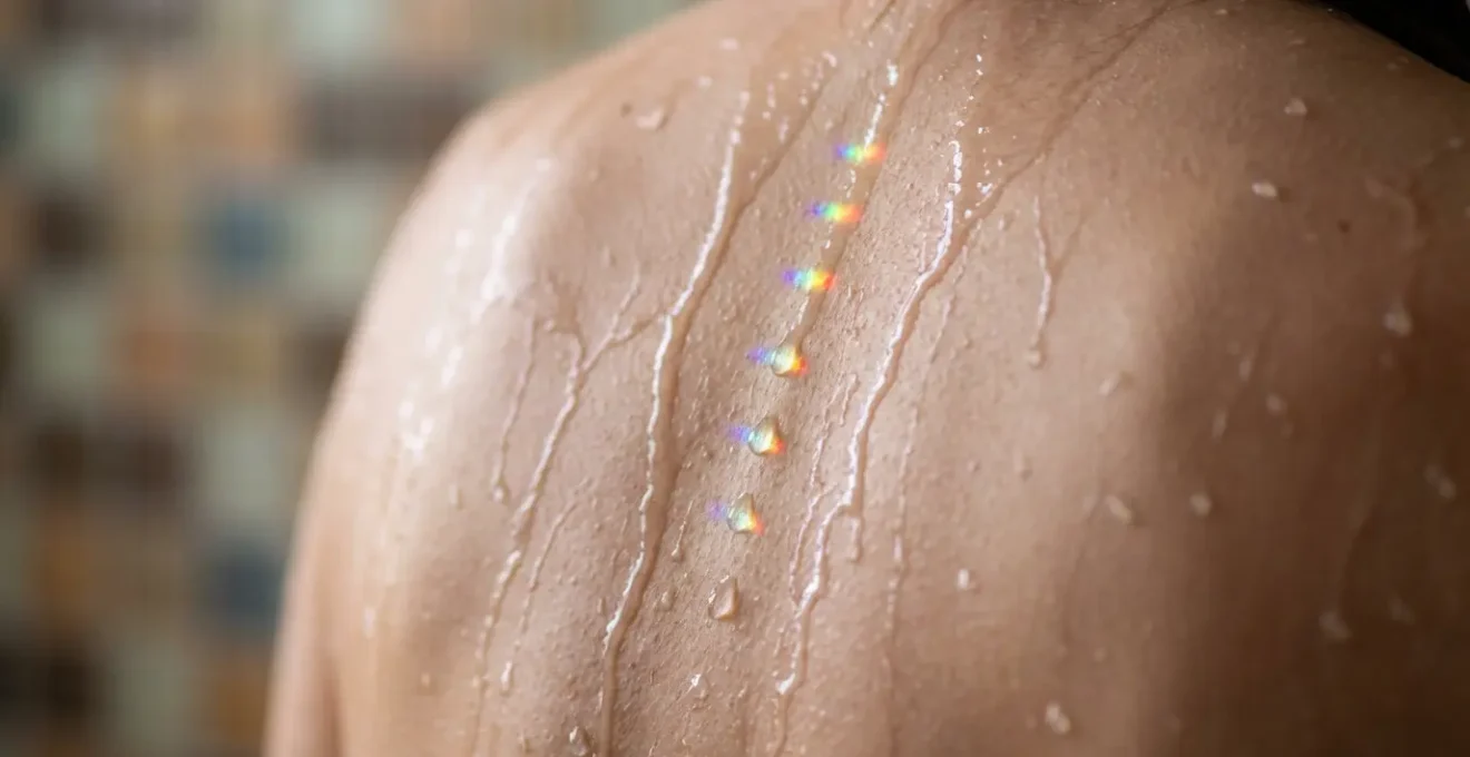 Water flowing down spine with subtle colored energy points visible along chakra centers