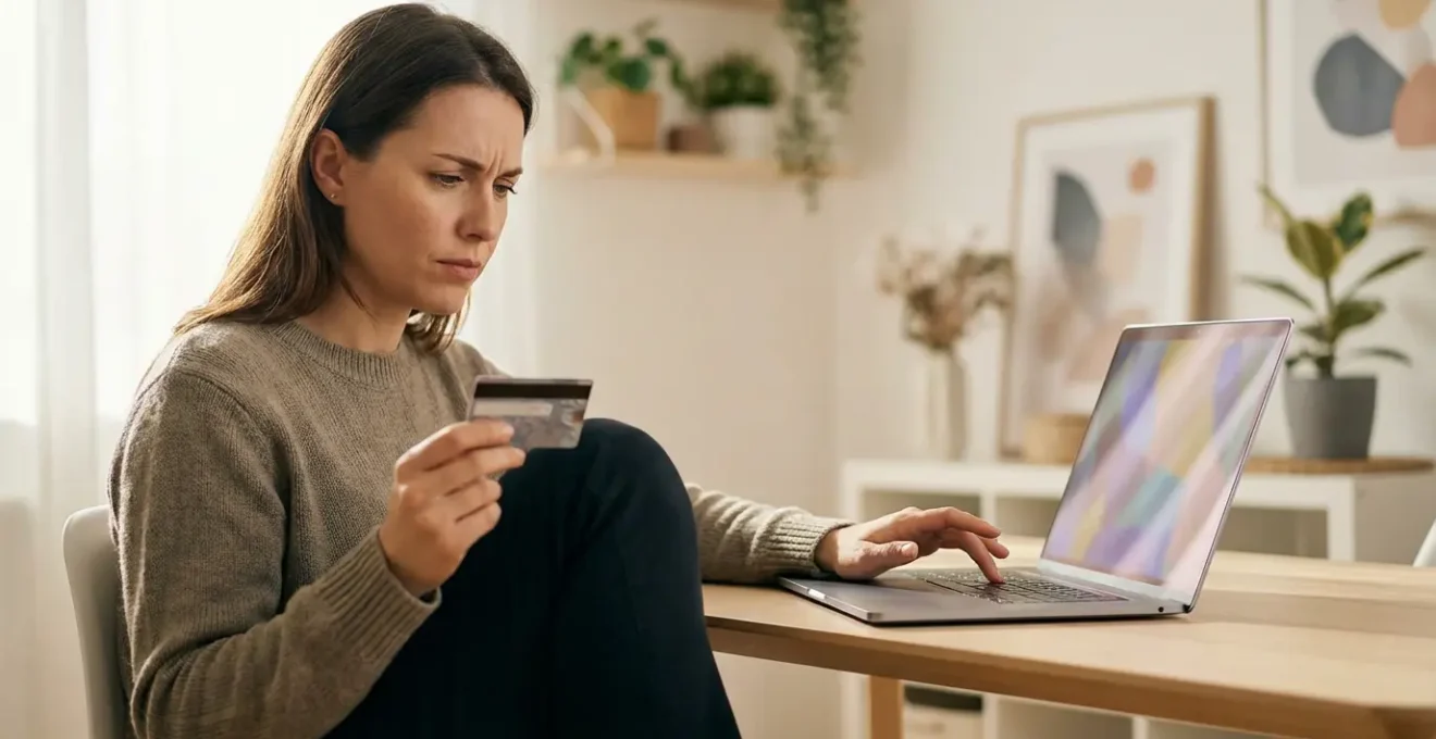 Woman carefully reviewing psychic website security features before payment