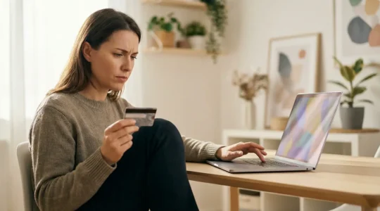 Woman carefully reviewing psychic website security features before payment
