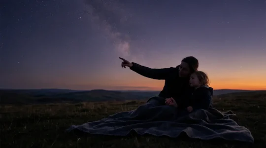 Parent and child sharing quiet moment under starry night sky