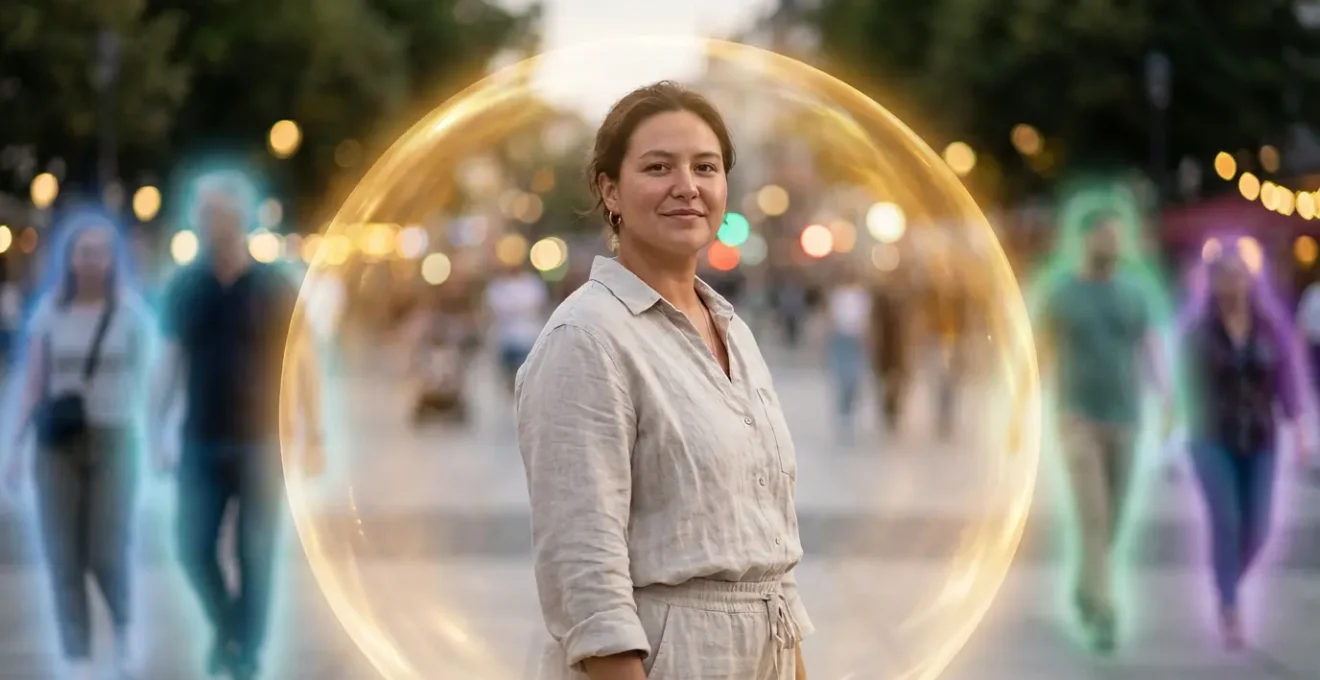Person standing in center with translucent golden energy bubble surrounding them, other figures in background with different colored auras