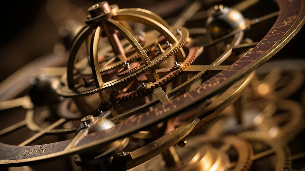 An ancient astronomical clock mechanism with planetary symbols, representing the concept of aligning meditation with planetary hours.