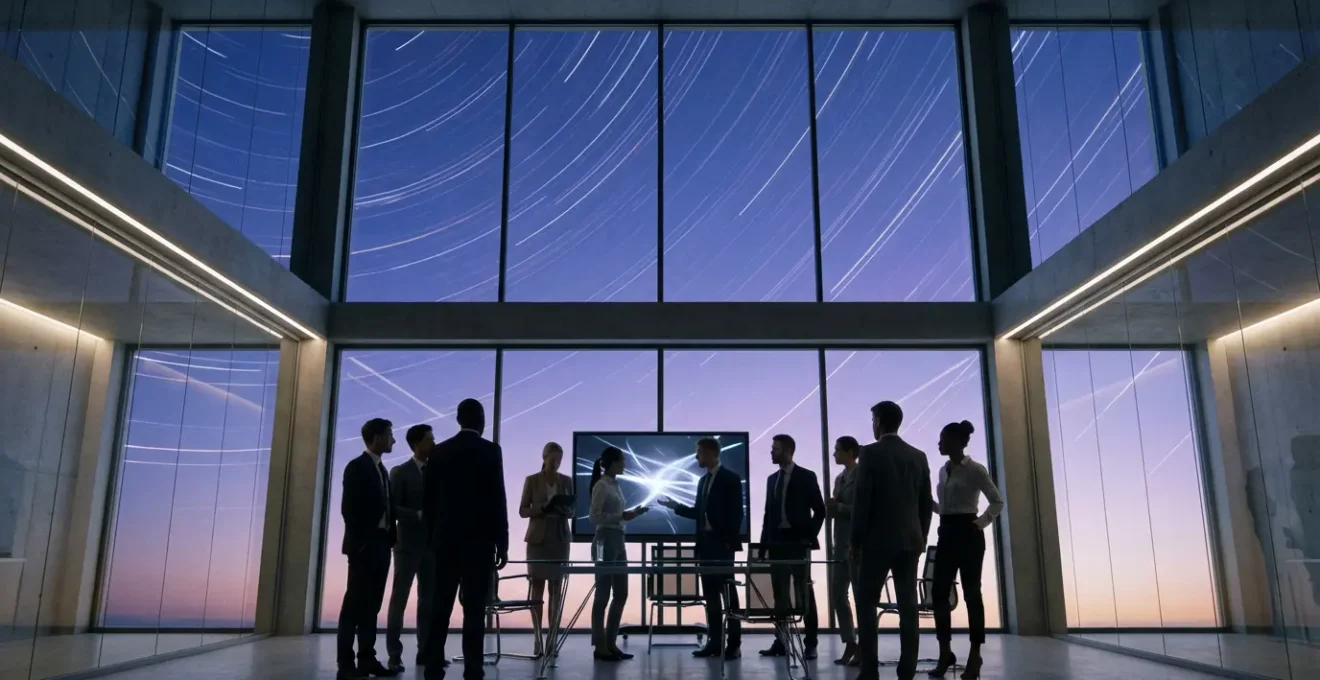 Business professionals examining cosmic patterns and planetary movements affecting their quarterly planning