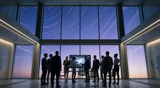 Business professionals examining cosmic patterns and planetary movements affecting their quarterly planning