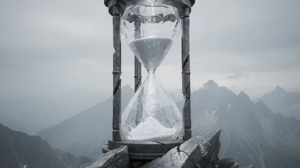 Crystalline hourglass with cosmic sand flowing through against a mountain backdrop, symbolizing Saturn's energy of time and discipline.