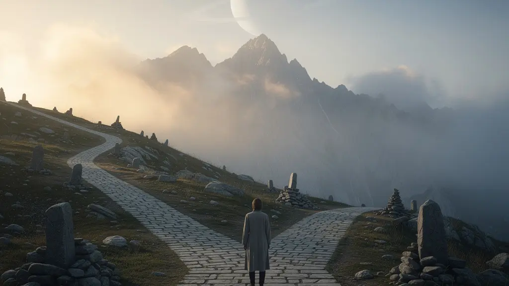 Two paths diverging under Saturn's influence showing karmic contract versus life sentence