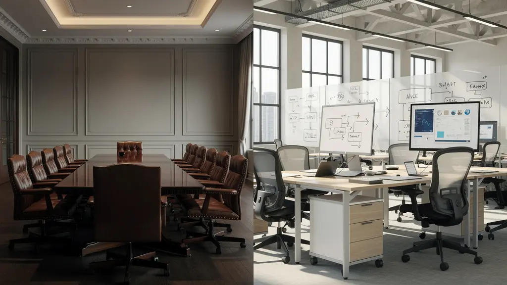 Split composition showing traditional corporate structure versus innovative open workspace