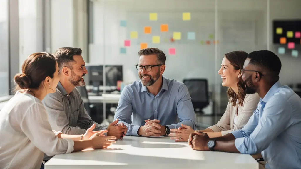 Manager and team in transparent glass meeting room showing openness and trust