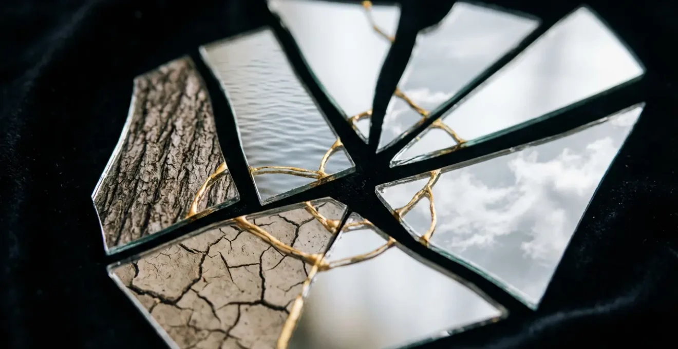 Abstract representation of shadow integration through mirror fragments