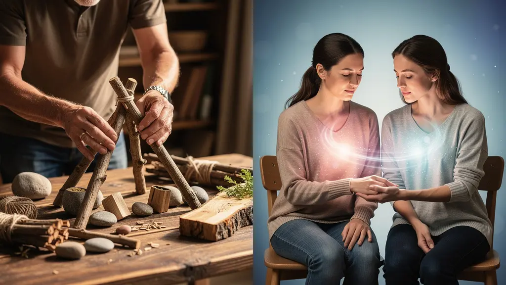 Split scene showing hands building together versus energy merging in meditation