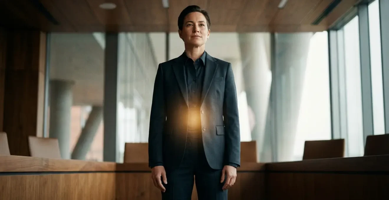 Professional in power stance with golden light radiating from solar plexus area