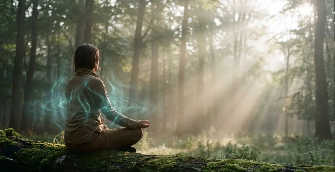 Person sitting in meditative pose with visible energy flow patterns emanating from their body, surrounded by soft ethereal light in a tranquil natural setting