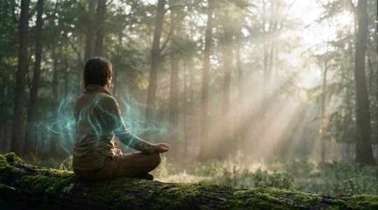 Person sitting in meditative pose with visible energy flow patterns emanating from their body, surrounded by soft ethereal light in a tranquil natural setting