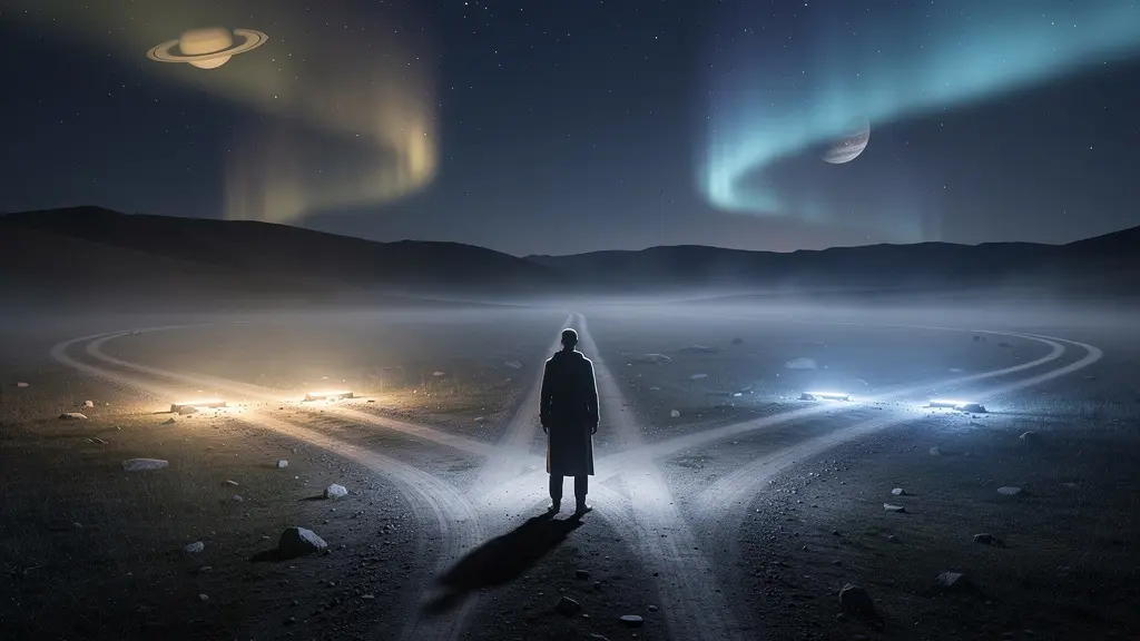 Individual standing at crossroads under starlit sky with celestial symbols guiding different paths