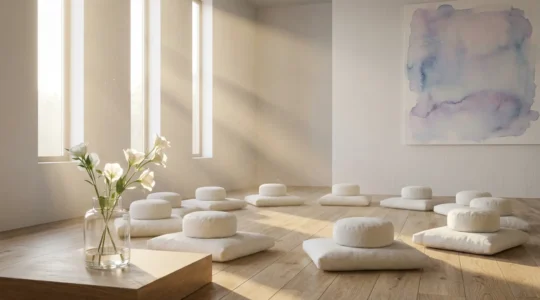 A serene meditation space with ethereal light streaming through windows creating a peaceful atmosphere for spiritual connection