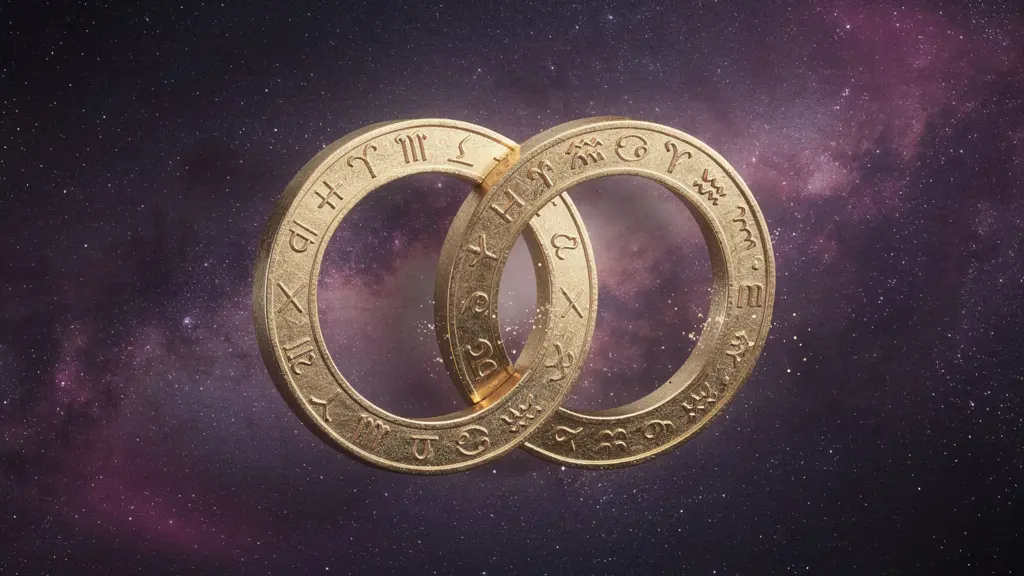 Two interlocked celestial wheels representing synastry charts for romantic compatibility