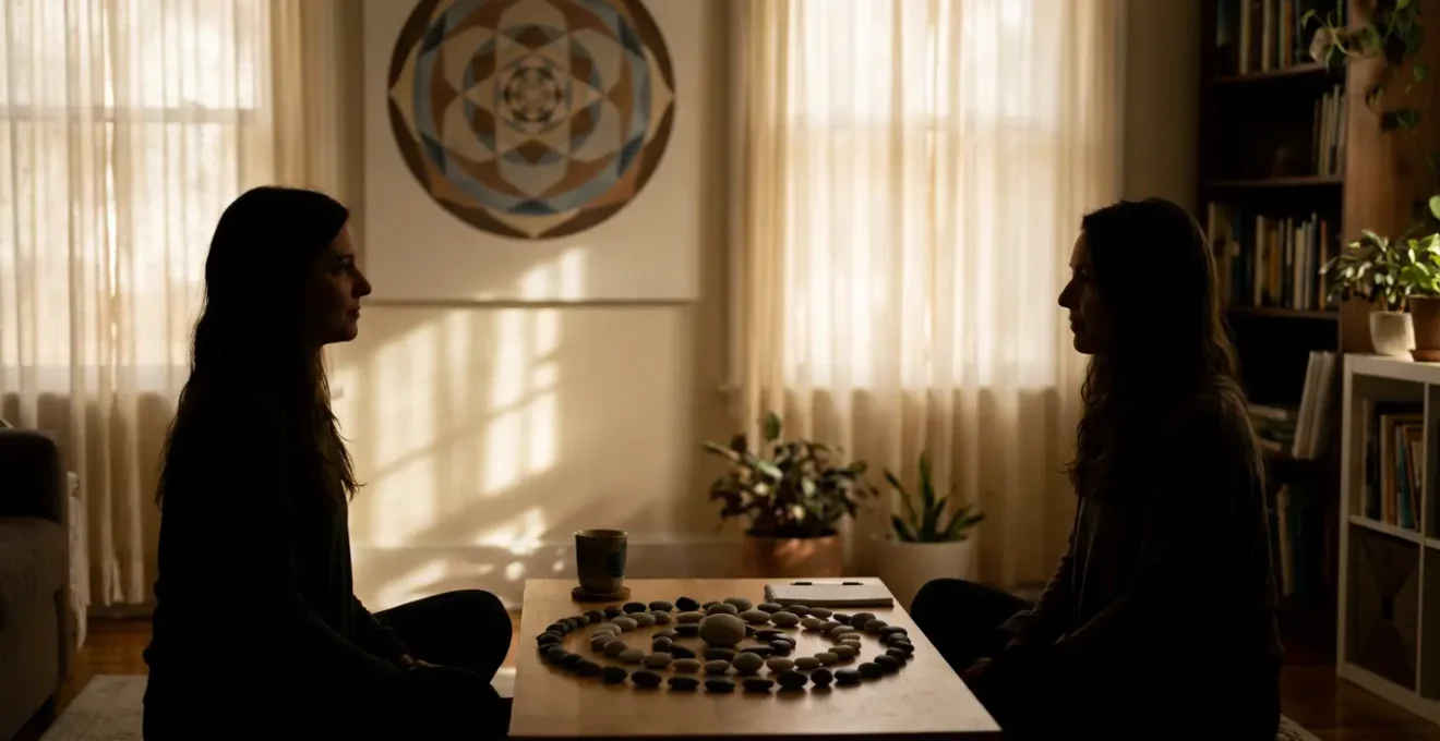 A therapy room with subtle astrological elements integrated into a calming environment