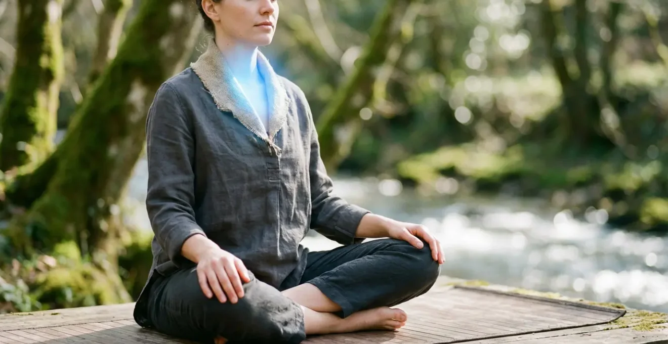 Person in meditation pose with glowing blue energy emanating from throat chakra area