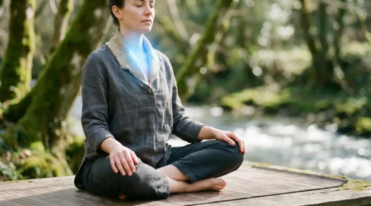 Person in meditation pose with glowing blue energy emanating from throat chakra area