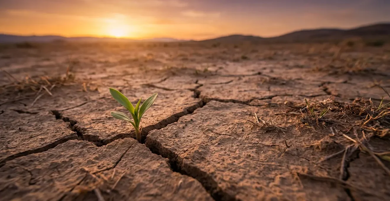 Seedling sprouting through cracked earth in golden hour light