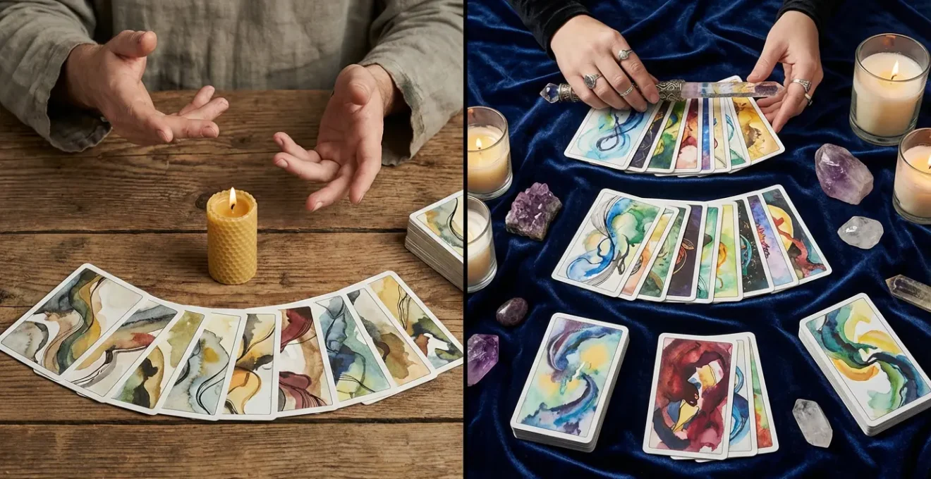 Split composition showing different psychic reading environments