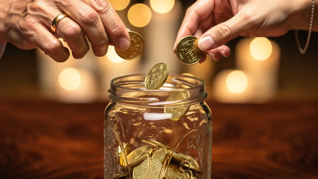 Close-up of two hands placing coins into decorative glass jar, warm lighting highlighting metallic textures