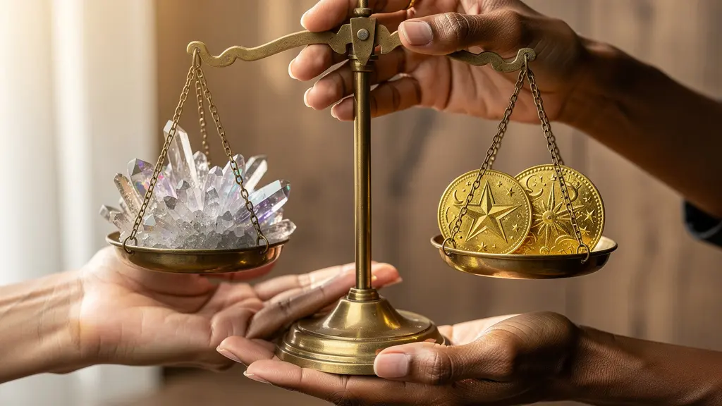 Hands holding golden scales with zodiac symbols representing balanced value exchange