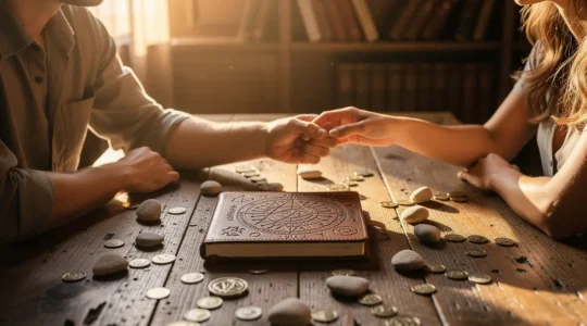 Couple sitting together at vintage wooden table with tarot cards, coins, and astrological charts, warm golden hour lighting