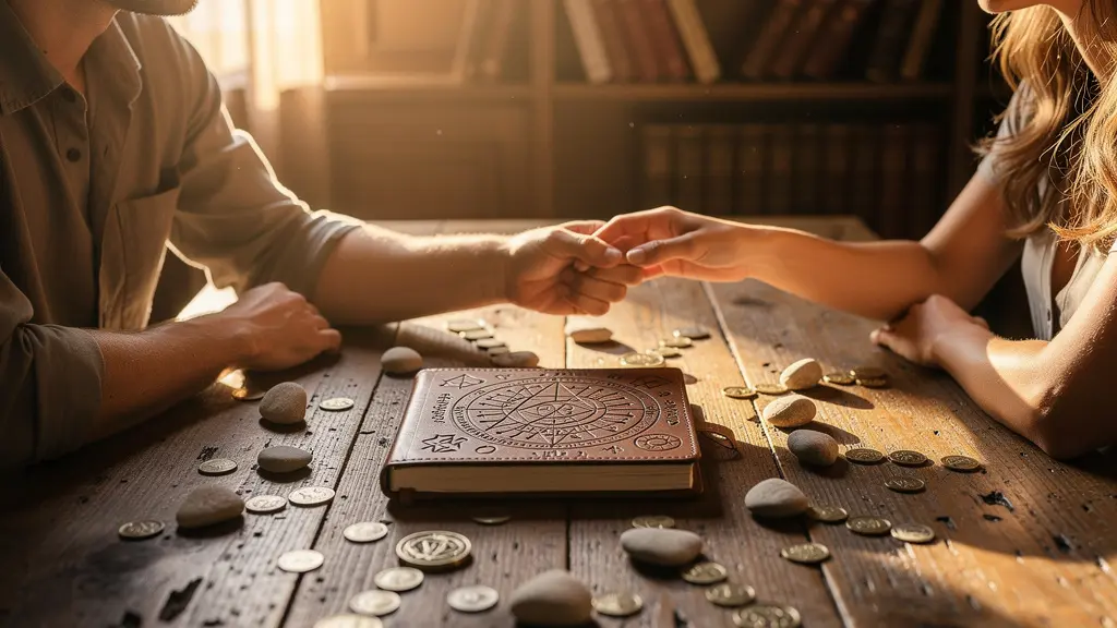 Couple sitting together at vintage wooden table with tarot cards, coins, and astrological charts, warm golden hour lighting